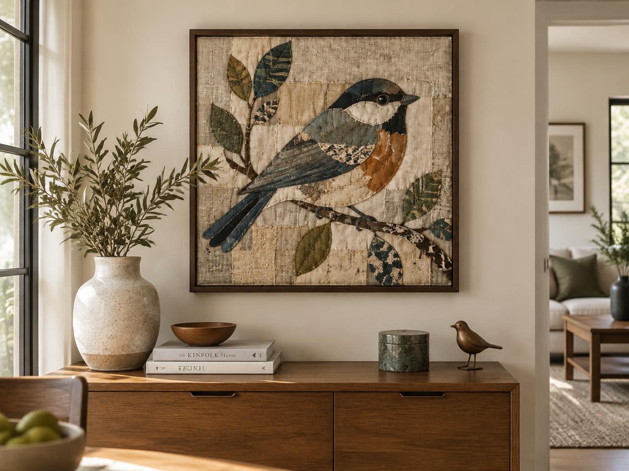 Framed fabric mosaic artwork hanging above a wooden sideboard