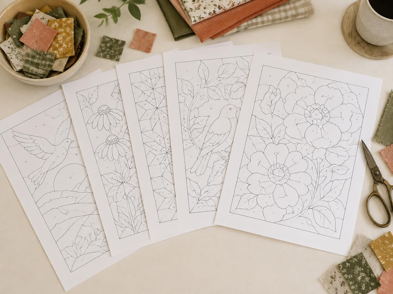 Printed Kinusaiga pattern pages fanned out beside fabric scraps