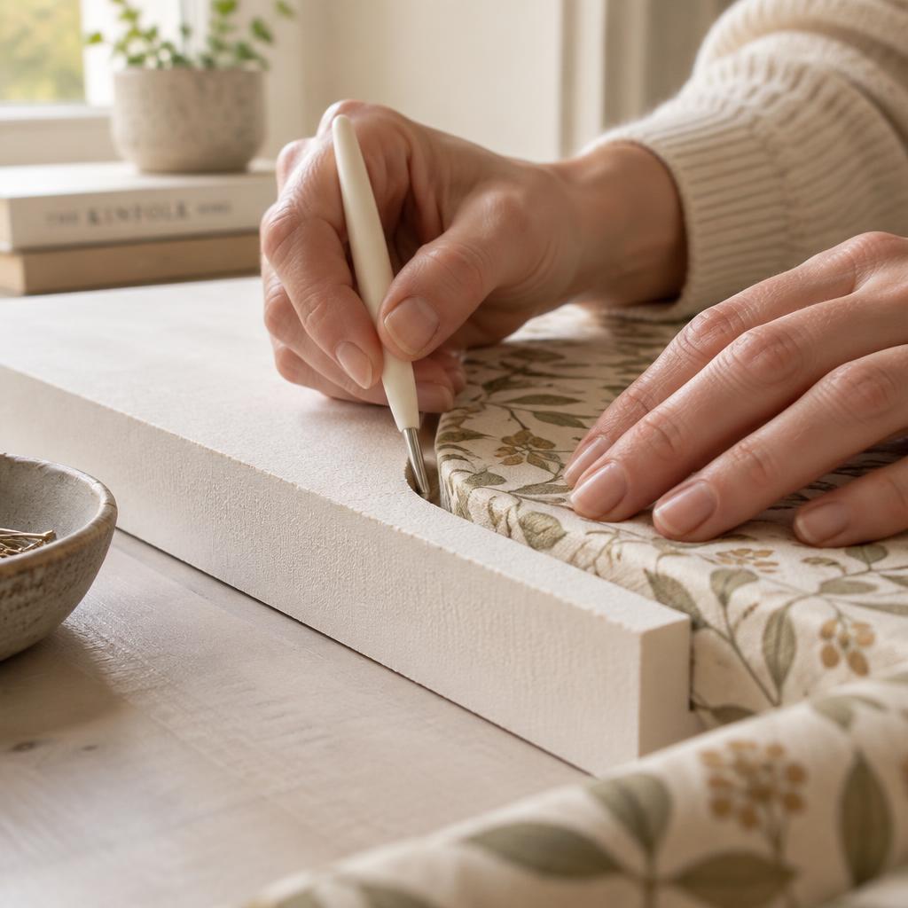 Close-up of fabric being tucked into a grooved board