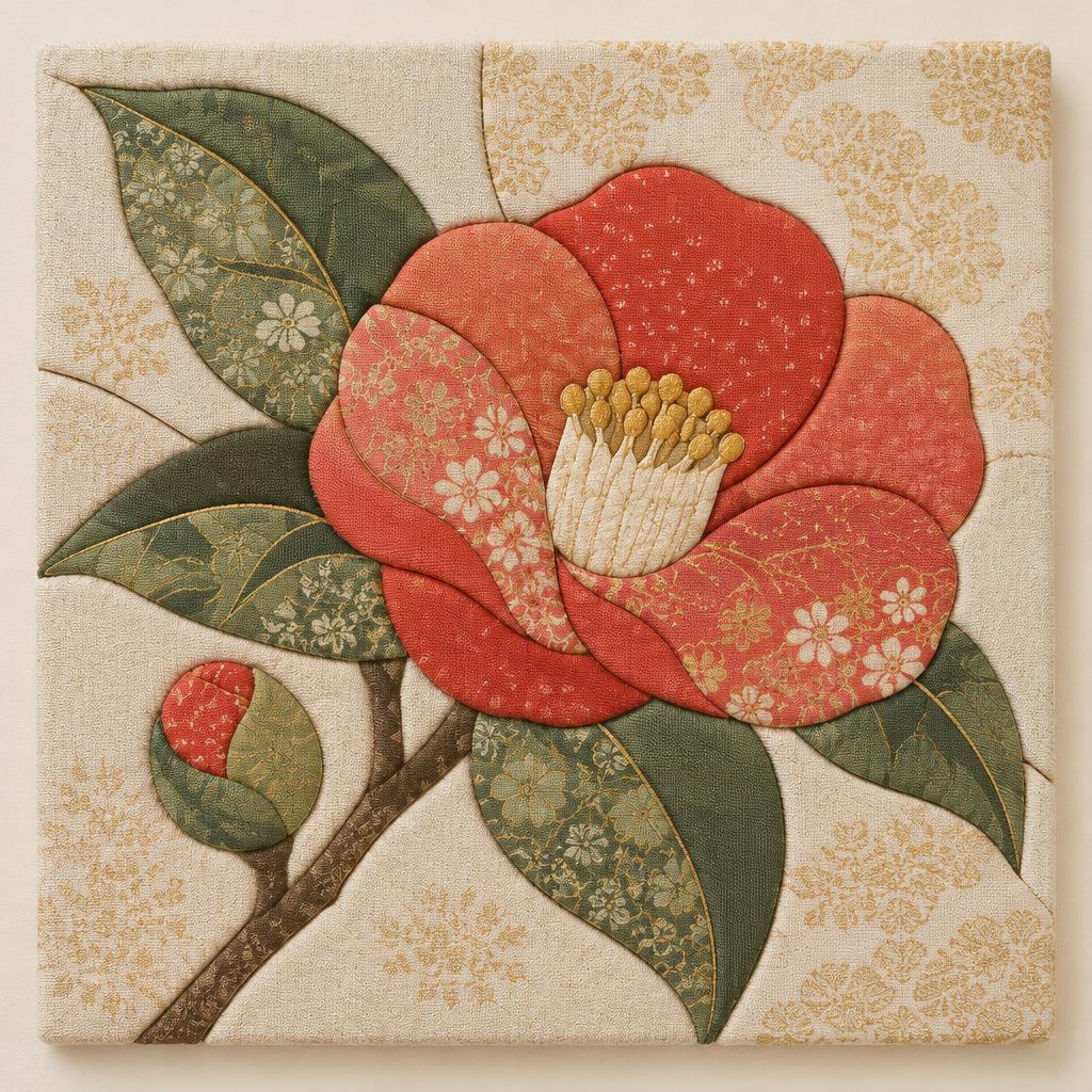 Finished fabric art of the same camellia design